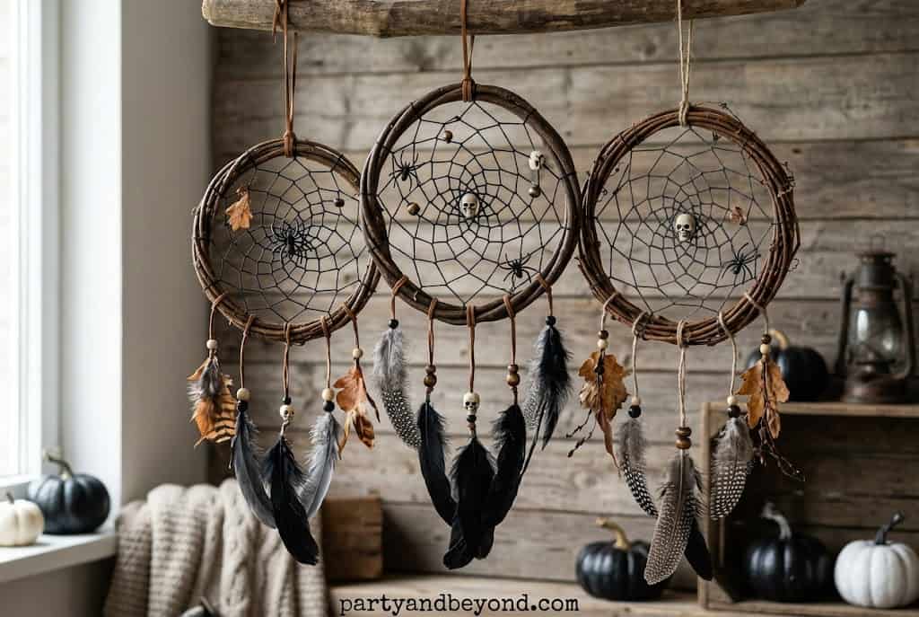Boho Halloween spider web dream catcher with black yarn and spiders