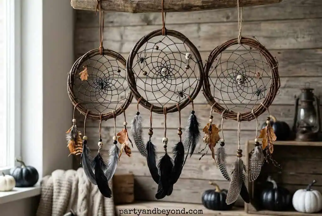 Boho Halloween spider web dream catcher with black yarn and spiders