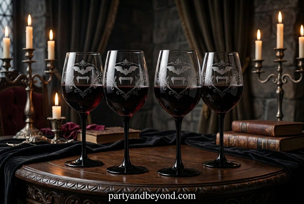 Halloween Dracula wine glasses with spooky painted vampire details