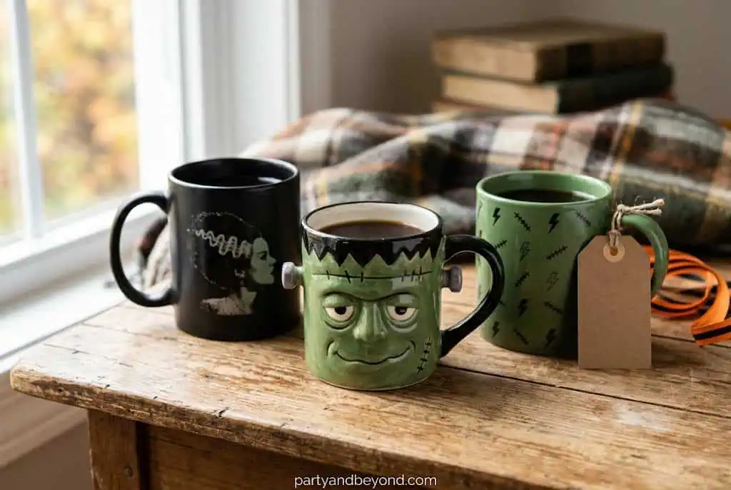 DIY Frankenstein Halloween mugs painted with spooky monster faces