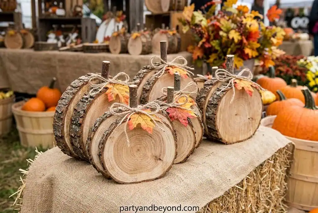 Painted birch wood slice pumpkins with jack-o-lantern faces and rustic vine stems