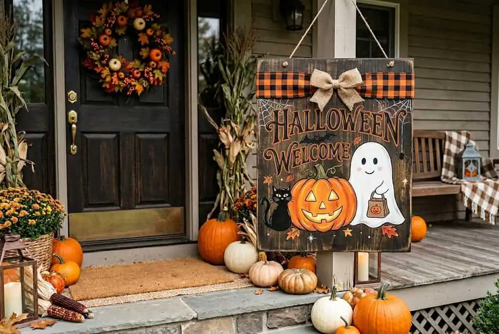 Rustic Halloween welcome sign with spooky phrase and painted wood design