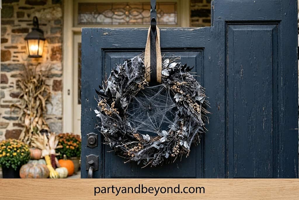Black spider web Halloween wreath with plastic spiders for front door decor