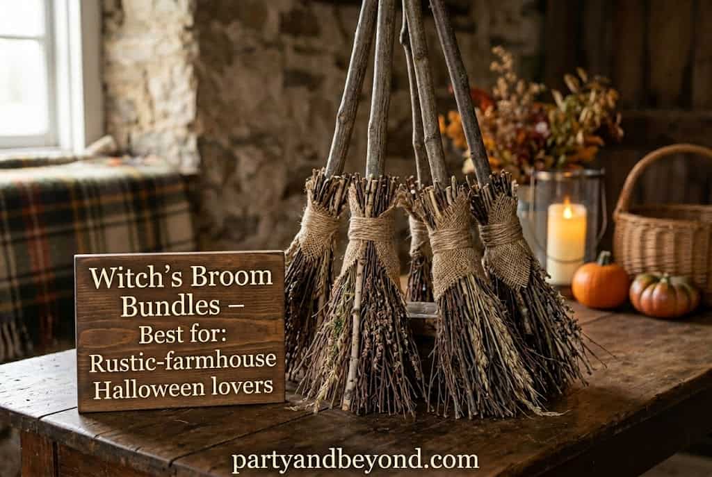 Rustic witch broom Halloween decor bundle tied with black twine