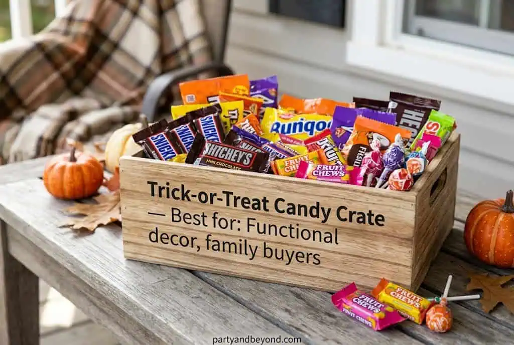 : Halloween candy crate painted black and orange filled with trick-or-treat candy