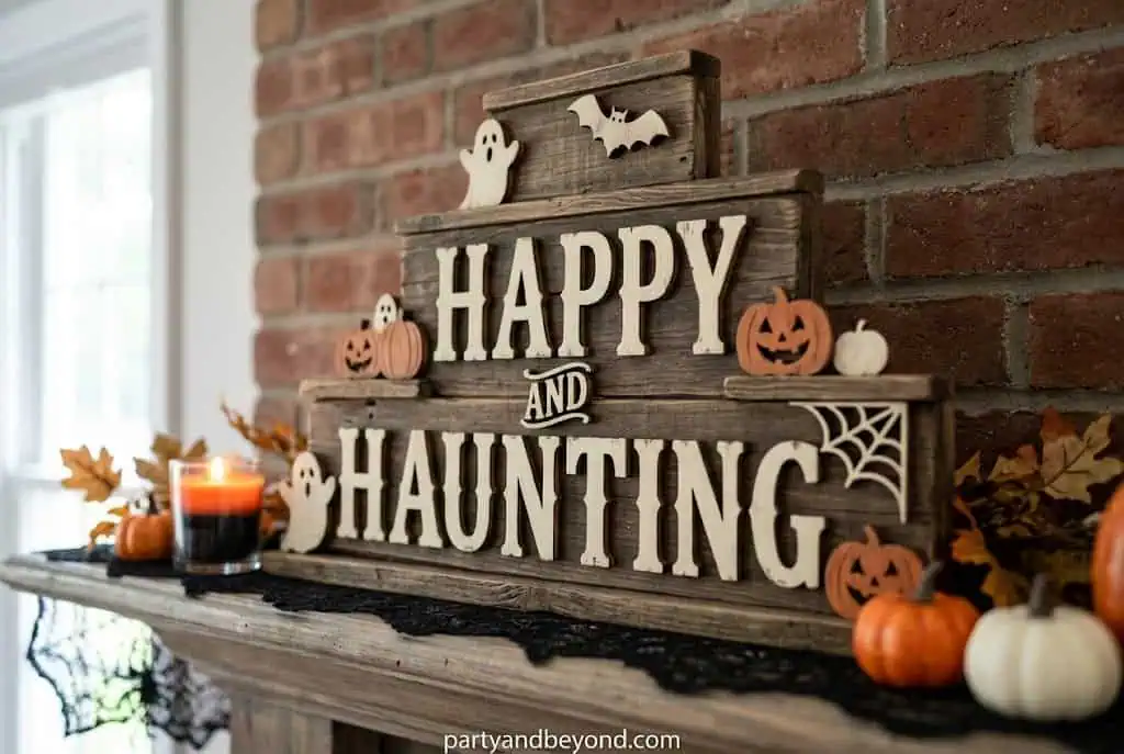 Happy Haunting layered wood sign with farmhouse-style distressed black paint finish