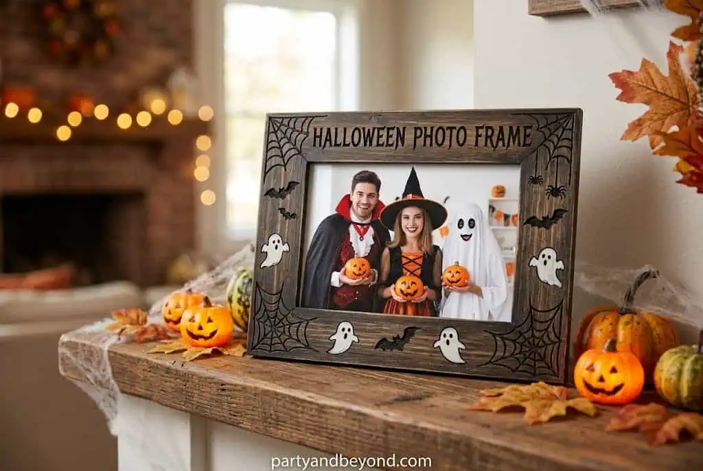 Dark stained Halloween wood photo frame decorated with bats and spider web accents