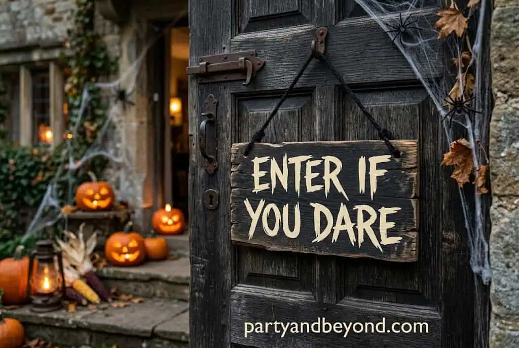 Vertical Halloween door sign reading Enter If You Dare hanging on a front door