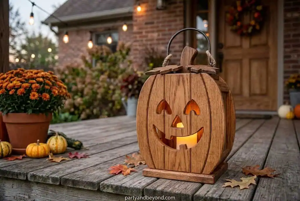 Handmade wooden pumpkin lantern glowing with tea light candles on a porch
