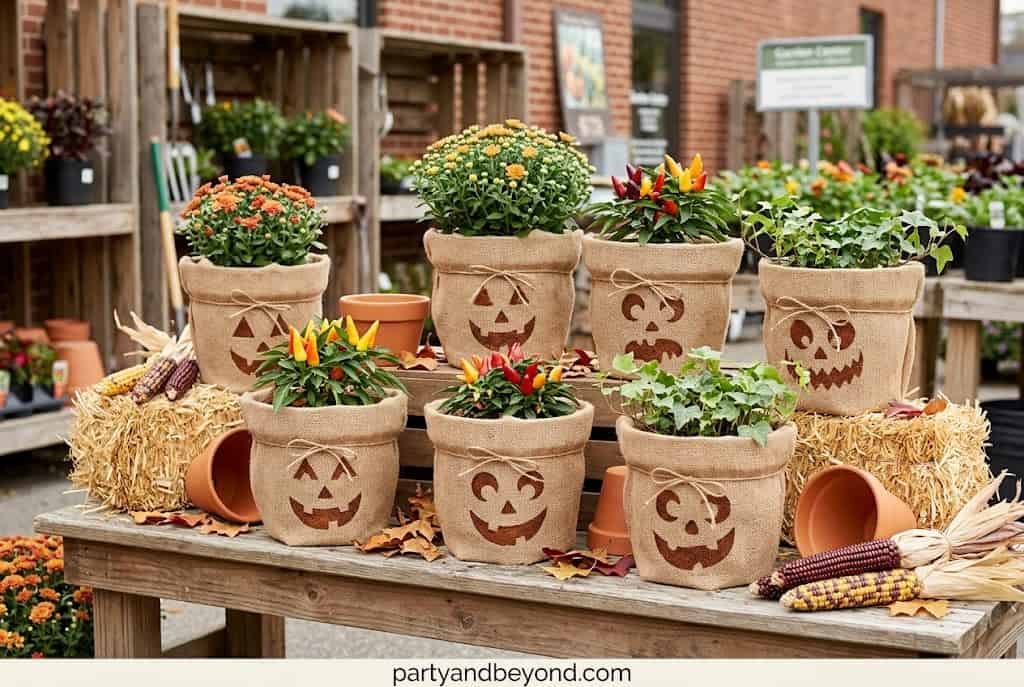 Burlap pumpkin face plant pot covers for Halloween decorating