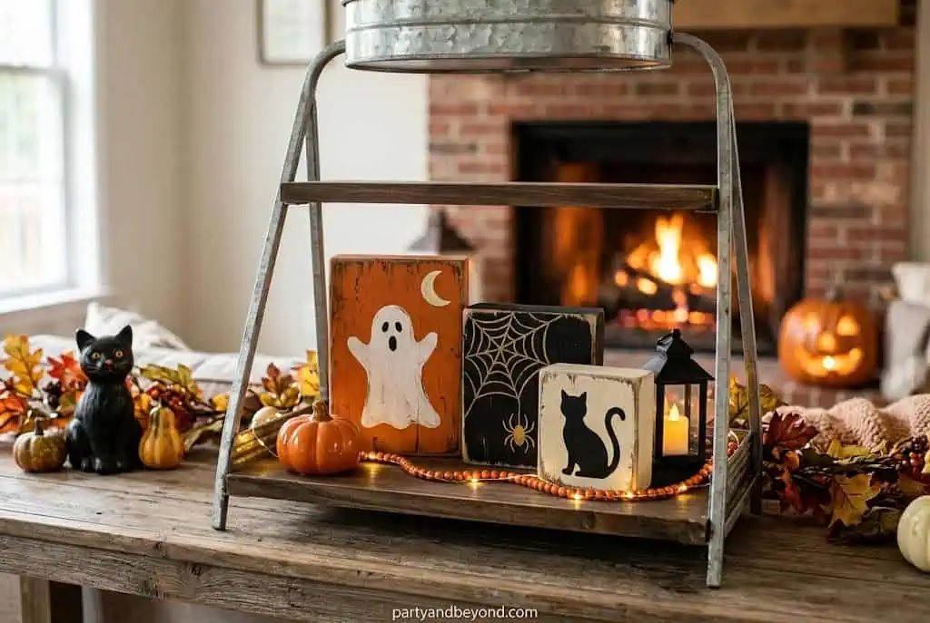 Black and white Halloween wood block set with BOO lettering and pumpkin designs on a tiered tray