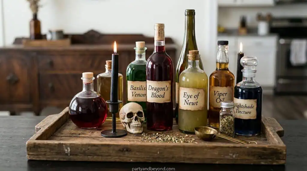Halloween potion bottles labeled with spooky names arranged on a tray with candles and gothic decor