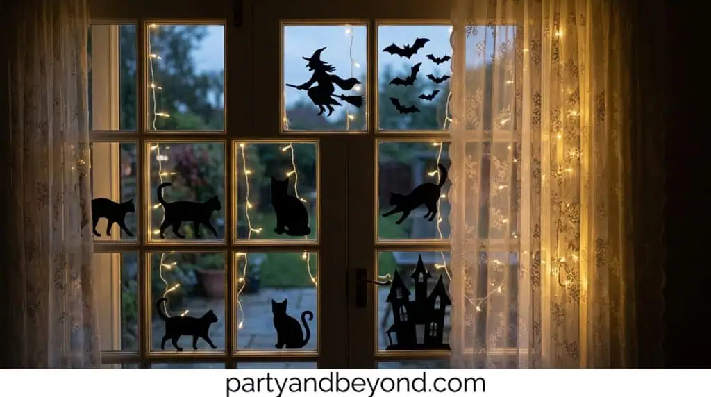 Window decorated with black cat silhouettes and glowing Halloween backlight