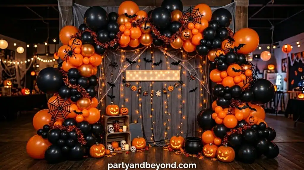 Orange, black, and purple twisted streamer curtain creating a colorful Halloween backdrop