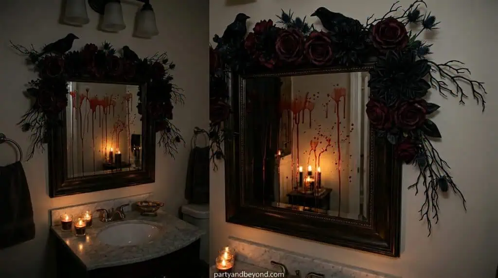Bathroom mirror decorated with red blood drip effects and dark Halloween ambiance