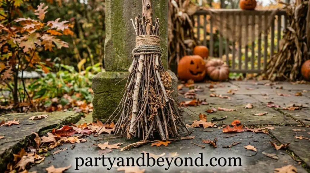 Autumn Halloween outdoor decoration with a bundle of sticks and dried leaves on a stone surface.