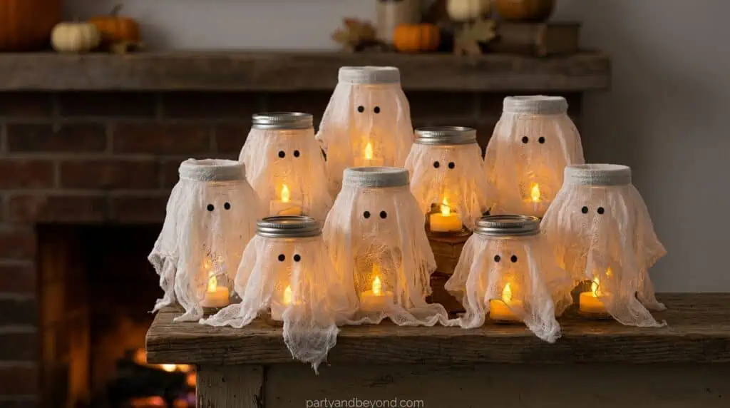 Small glowing ghost lanterns made from cheesecloth placed on a mantel