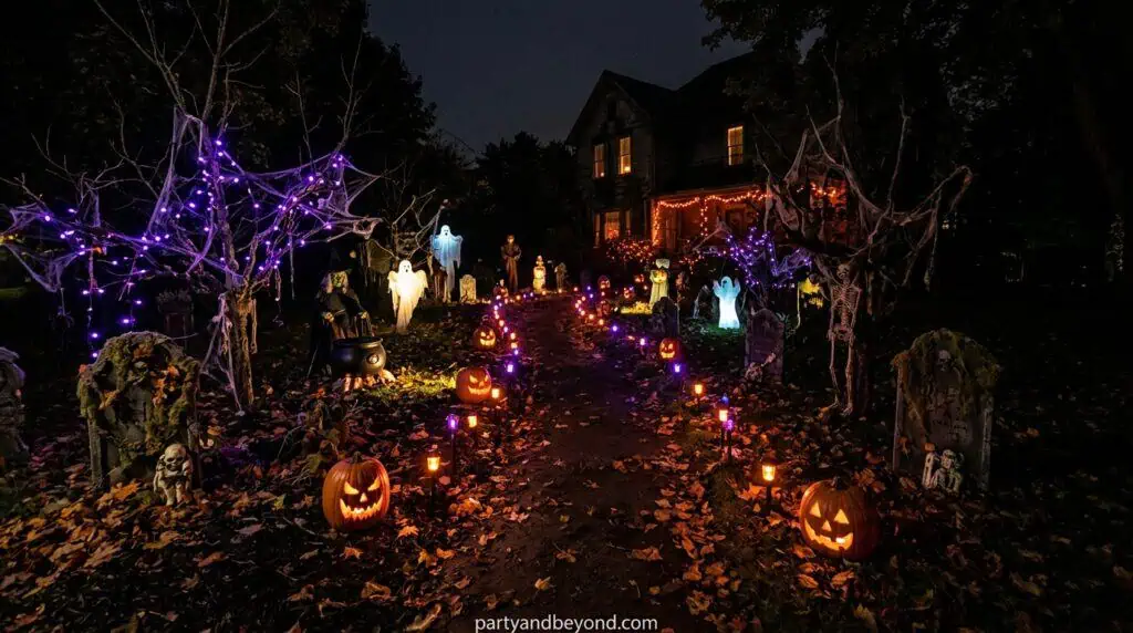 Colored lights or themed luminaries placed along walkways to guide guests while maintaining a spooky atmosphere. Halloween outdoor decoration ideas