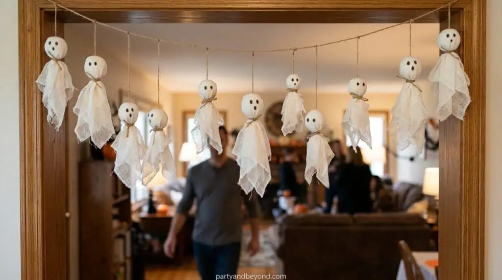 Small hanging ghost decorations made of cheesecloth across a doorway