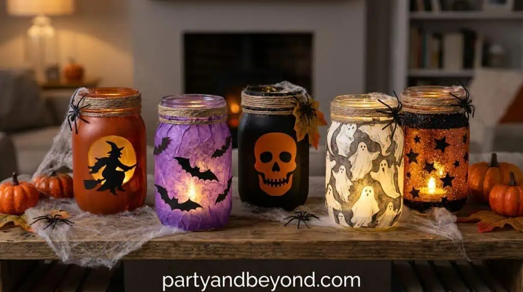 Halloween mason jar lanterns with glowing LED tea lights inside