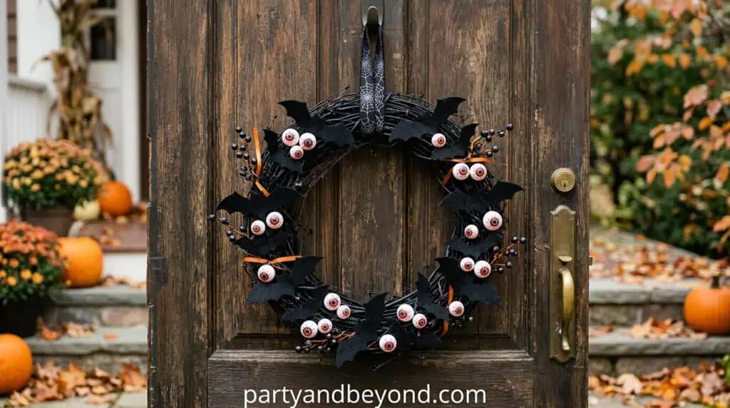 Halloween wreath with bats and eyeballs for spooky decor DIY Halloween decoration ideas