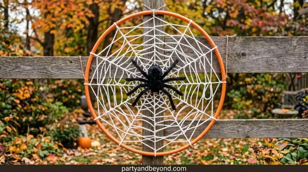 arge spider web made from rope stretched on a hula hoop