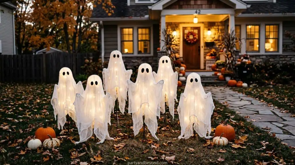 outdoor floating ghost made from cheesecloth and tomato cage