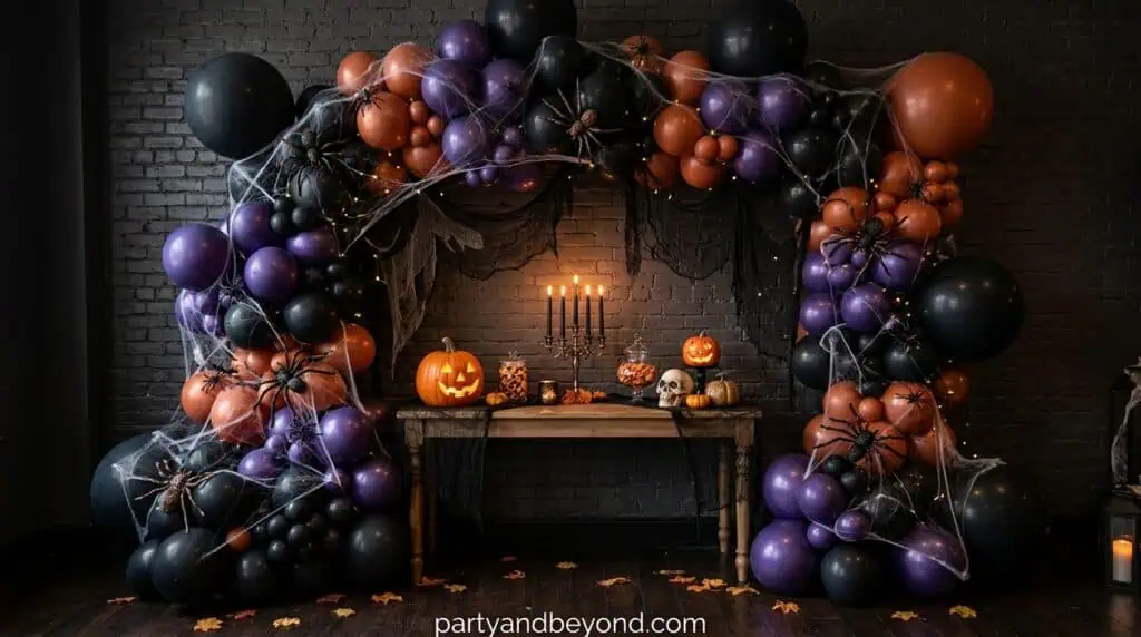 Elegant Halloween balloon garland with black, purple, and burgundy balloons and decorative spiders