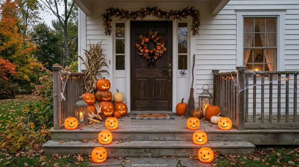: glowing pumpkin buckets used as walkway Halloween lights