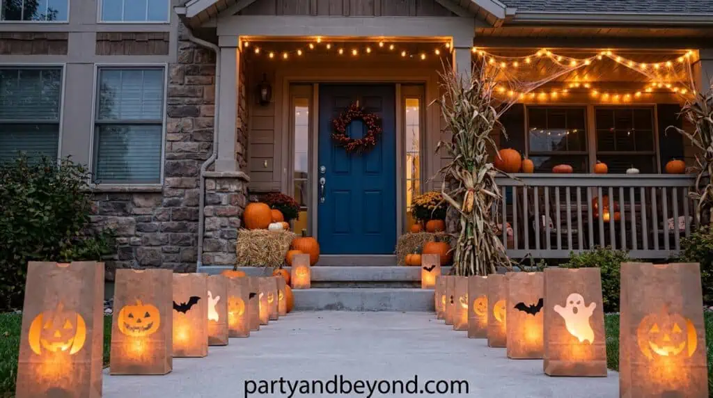 glowing paper bag lanterns lining a Halloween walkway