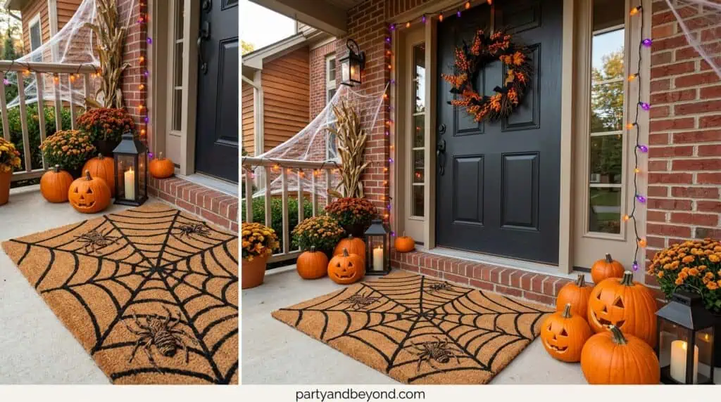 painted spiderweb design on a black Halloween doormat