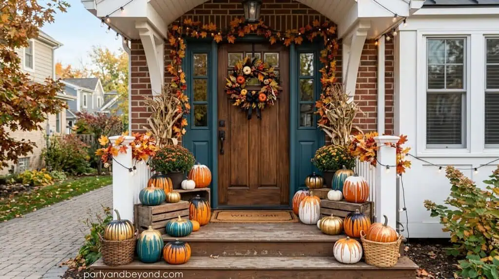 Fall front porch decorated with pumpkins, flowers, and autumn accents for Halloween and Thanksgiving.