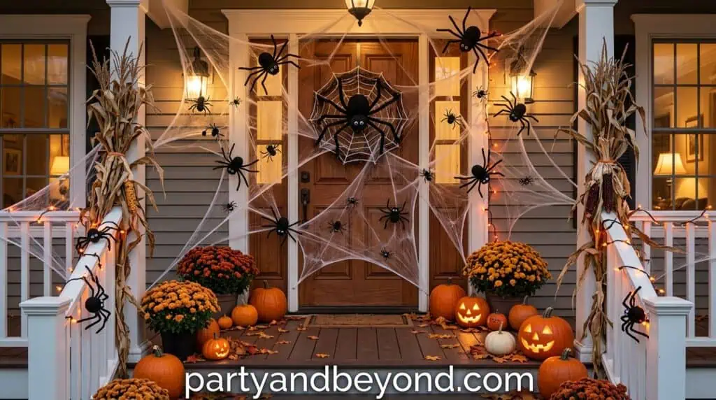 large DIY spider made from foam balls and pipe cleaner legs on porch