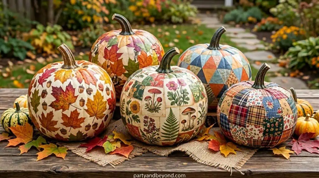 Colorful fabric pumpkins for fall and Halloween decorations.