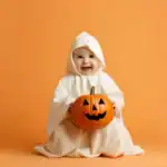 First Halloween Costume Ideas for Families With Baby — 25 Cute Matching Looks 2026 Adorable baby dressed in a Halloween costume holding a pumpkin bucket for trick-or-treating.
