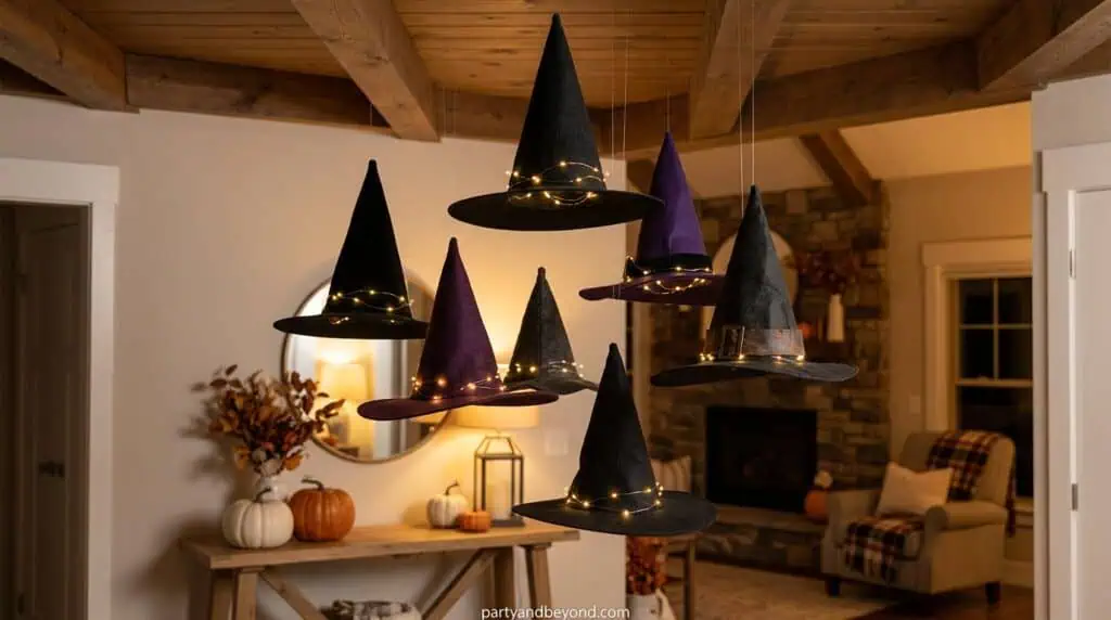 Witch hats floating from the ceiling with invisible string creating a magical Halloween living room effect