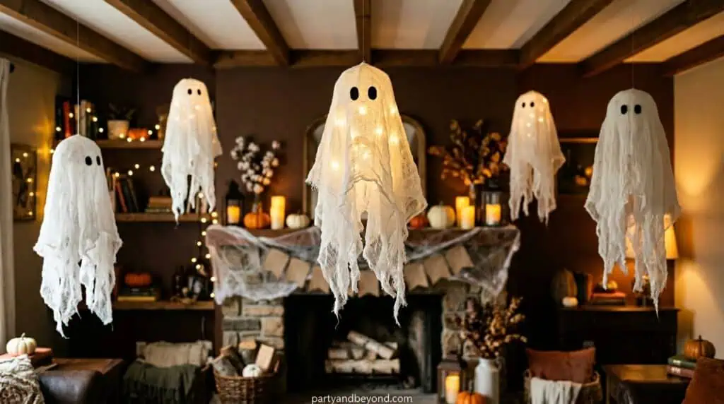 glowing cheesecloth ghost decoration made with balloon and LED light