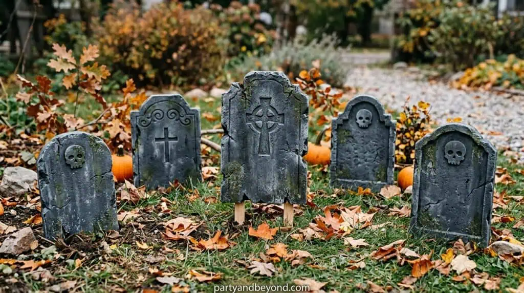 DIY foam graveyard tombstones placed in a Halloween front yard