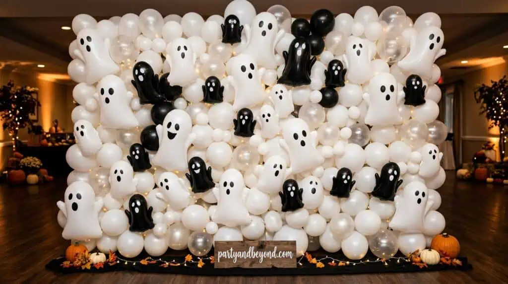 Orange, black, and purple twisted streamer curtain creating a colorful Halloween backdrop