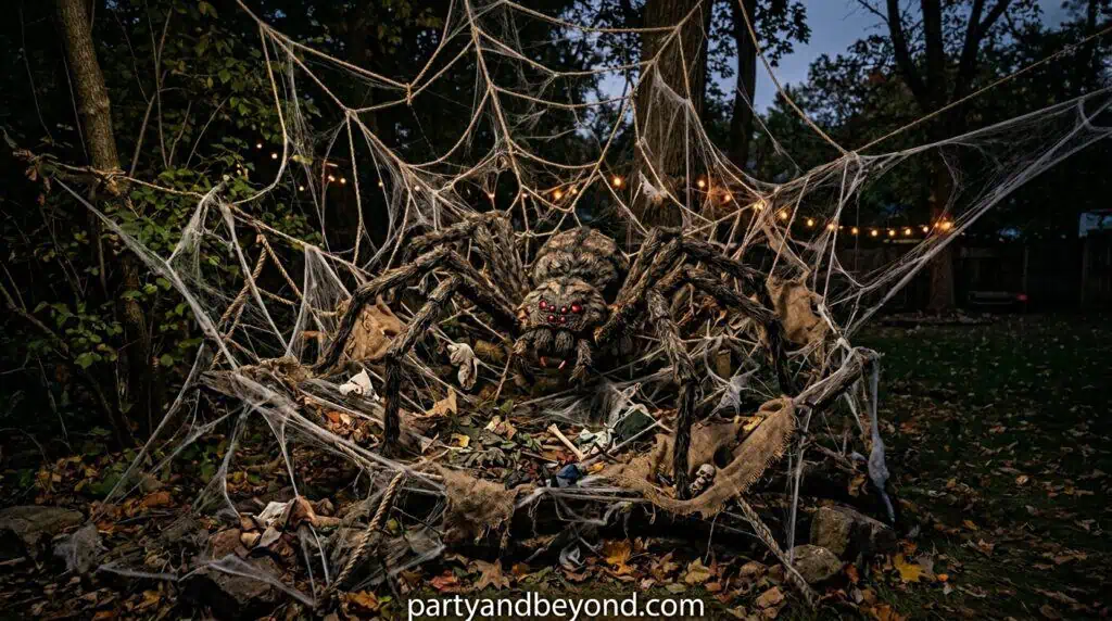 A large spider display combined with stretched webbing across bushes, porches, or garage areas to create a dramatic oversized creepy-crawly scene.