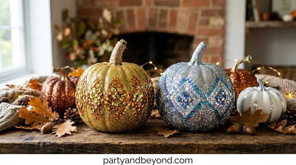 Festive glitter pumpkins in gold, silver, and white with autumn leaves, perfect for fall and holiday.
