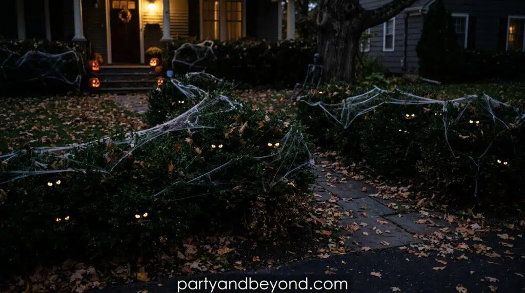 Small LED or glow-stick eyes hidden inside bushes to create the illusion of creatures watching from the darkness.