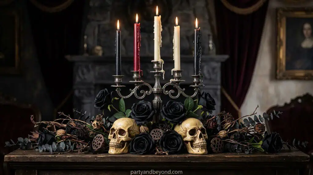 Small glowing ghost lanterns made from cheesecloth placed on a mantel
