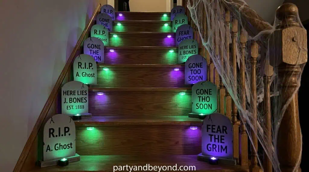 Staircase transformed into a mini graveyard with tombstones and spooky lighting