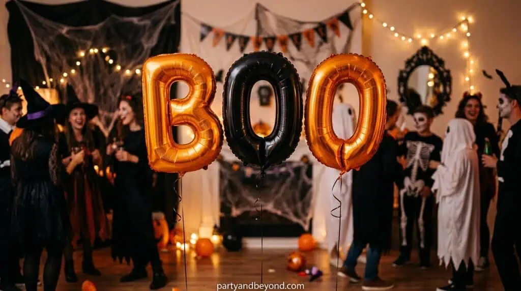 Alt Text: Black foil fringe curtain Halloween photo booth backdrop with reflective party decor
