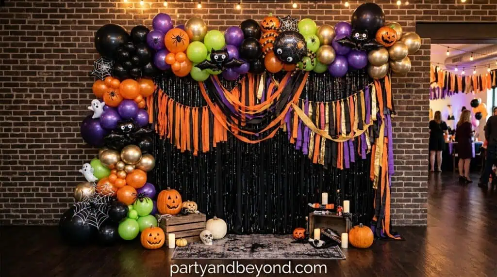 Halloween balloon arch with pumpkins, ghosts, and spooky accents for festive celebrations.