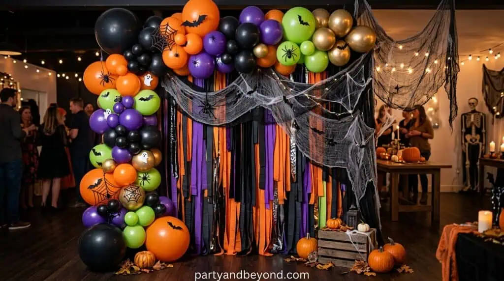 Alt Text: White ghost balloon wall with cute hand-drawn faces for a kid-friendly Halloween backdrop