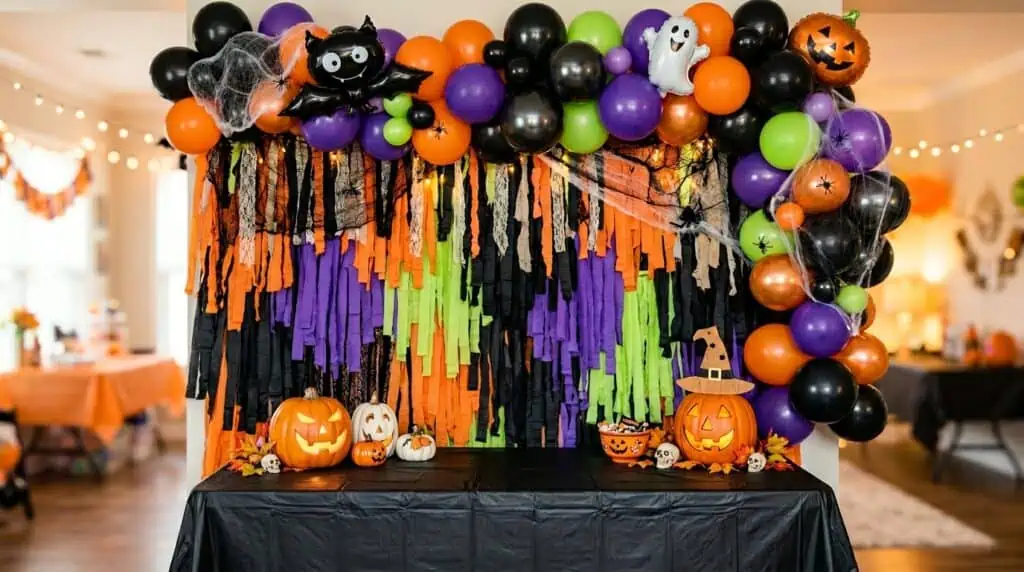 Alt Text: DIY pumpkin patch balloon backdrop with orange balloons, green stems, and fall decor