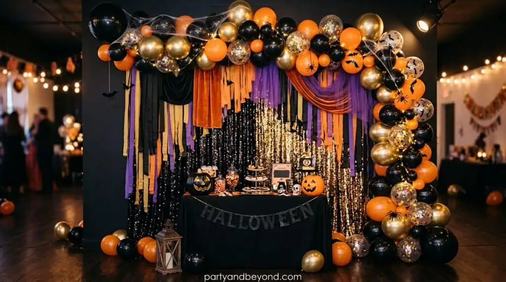 Alt Text: Black and orange Halloween balloon arch backdrop decorating a party photo booth wall