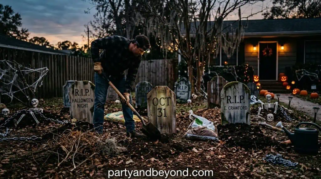 A foam-based graveyard display with weathered tombstones arranged in uneven rows, enhanced with fog and low lighting to create a cinematic haunted effect.